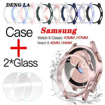 2 * Стекло + Чехол для Samsung Galaxy Watch6 40 мм 44 мм Водонепроницаемый Чехол для ПК Watch 6 Classic 43 мм 47 мм Защитный Чехол + Протектор Экрана
