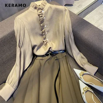 2023 Летний винтажный офисный женский комплект из 2 предметов, женская рубашка с длинным рукавом и воротником-стойкой + плиссированная юбка, элегантный комплект из двух частей юбки