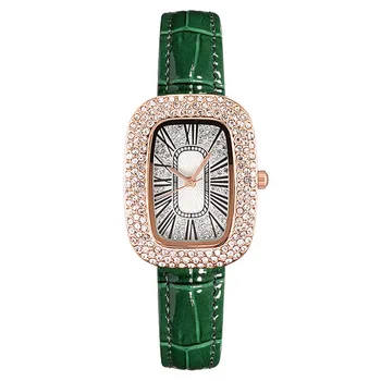 2023 Модные Роскошные Женские зеленые часы Качества Кварцевые часы с бриллиантами Женские Кожаные наручные часы Элегантный Montre Femme
