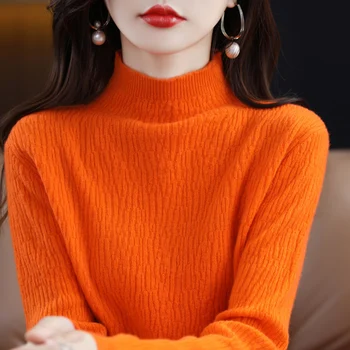 2023 Новый Осенне-зимний однотонный пуловер с высоким воротом из 100% шерсти, Вязаный Простой Модный Универсальный топ с приталенной подкладкой