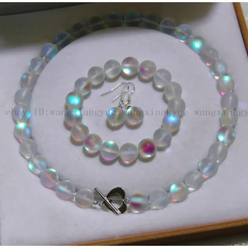 8 мм белый блестящий радужный Лунный камень, круглые бусины, ожерелье, браслет, серьги, комплект ювелирных изделий