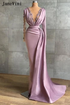 JaneVini Dubai Роскошные Женские вечерние платья с бисером Русалка С длинными рукавами Атласные Иллюзионные аппликации Арабские вечерние платья для выпускного вечера