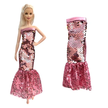 NK Official, 1 комплект, модное платье для куклы, розовое мини-платье с блестящими пайетками, наряд принцессы с рыбьим хвостом, одежда для куклы Барби, аксессуары