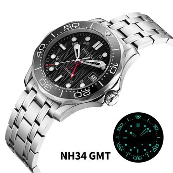 PHYLIDA Черные 41 мм мужские часы NH34A GMT Волновой циферблат С Автоматическим сапфировым стеклом 200m WR w2cZiuQL