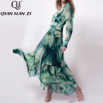 QHZ Дизайнерское Винтажное модное Длинное женское платье с V-образным вырезом, рукавом-фонариком, однобортным поясом, пляжным макси-платьем с рисованным принтом от руки