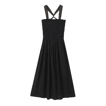 YENKYE Сексуальное Женское платье Миди на широких бретелях с перекрещивающейся спинкой, черное, отстроченное сверху, платье для летней вечеринки Vestidos