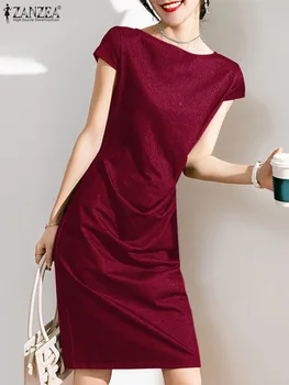 ZANZEA, Корейское модное женское платье-футляр, драпированное платье длиной до колен, Элегантное короткое платье, летнее платье с коротким рукавом и вырезом лодочкой, Vestido