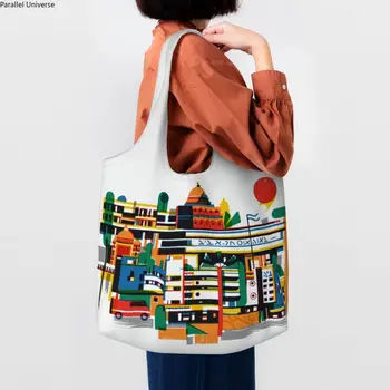 Азия Баухауз Цветной Блок Геометрическая Линия Современная Холщовая Сумка Для Покупок Женская Моющаяся Вместительная Продуктовая Минималистичная Сумка-Тоут Shopper Bag