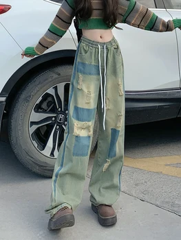 Американская уличная одежда Джинсы Y2k Контрастного цвета с дырочками, панталоны с высокой талией, винтажные повседневные Свободные джинсовые брюки Harajuku 2000-х годов