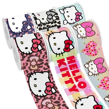 Атласная лента в крупный рубчик с рисунком Hello Kitty из японского мультфильма для подарочной упаковки, бант для волос, 50 ярдов