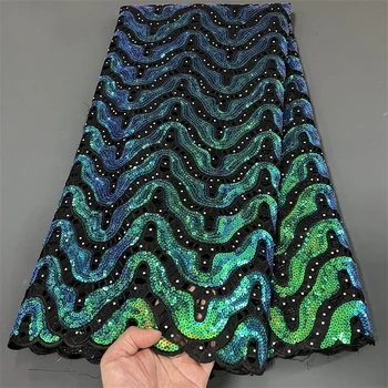 Африканские кружевные ткани Вышивка для женских вечерних платьев Зеленая Хлопчатобумажная ткань с пайетками По метру 5 ярдов 2023 Высокое качество
