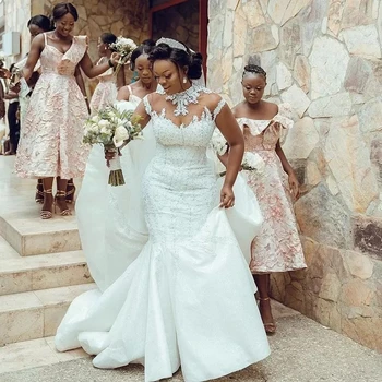 Африканские свадебные платья Русалки с высоким воротом и бисером, аппликации на рукавах, Свадебное платье большого размера, сшитое на заказ.