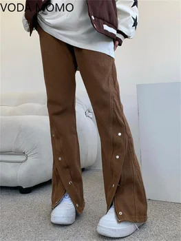 весна 2023, женские джинсы с высокой талией и разрезом, коричневые женские джинсы с широкими штанинами, мешковатые женские джинсовые брюки-капри, джинсовые брюки для мамы