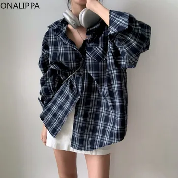 Винтажная клетчатая рубашка в стиле Оналиппа с напуском, Универсальные Рубашки с отложным воротником и длинными рукавами, Корейская модная блузка шикарного дизайна