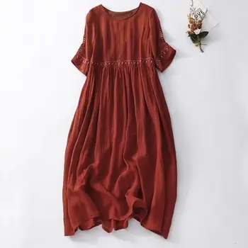 Винтажное платье миди из хлопка и льна с поясом в богемном стиле, свободного кроя и вышивкой для летних женских платьев