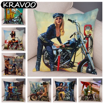 Винтажный плакат с масляной живописью, наволочка для мотоцикла, плюшевый декор, Мультяшная сексуальная девушка, наволочка для дивана, автомобильная наволочка 45x45 см