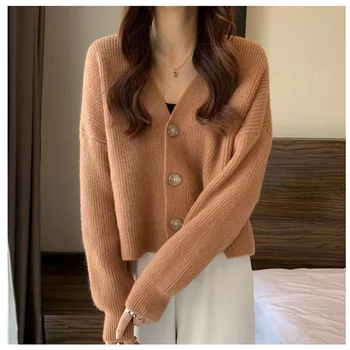 Женская корейская мода, свободный прямой свитер с V-образным вырезом и пуговицами, куртки с длинными рукавами, осень-зима, Новый вязаный кардиган