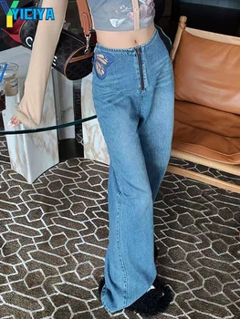 Женские брюки в стиле YICIYA y2k, винтажные мешковатые прямые джинсовые брюки с вырезами в виде бабочек, свободные широкие повседневные длинные брюки