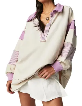 Женские свитшоты-пуловеры оверсайз 90-х, толстовка в стиле пэчворк с цветным блоком, осенняя одежда с V-образным вырезом и длинным рукавом