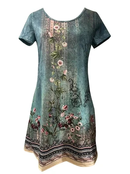 Женское летнее платье в богемном стиле 2023 - платье-футболка с круглым вырезом и шикарным цветочным принтом