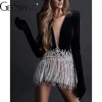 Женское платье Getspring 2023 Осенний темперамент, черный бархат, длинный рукав, глубокий V-образный вырез, кисточка, Элегантные мини-платья для вечеринок с высокой талией
