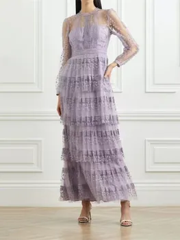 Женское сетчатое кружевное платье с вышивкой фиолетового цвета, сексуальная перспектива, темперамент без спинки, Элегантные женские Миди-халаты с длинным рукавом и круглым вырезом
