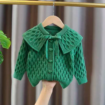 Зеленый кардиган для маленьких девочек, осенний свитер с отложным воротником, Верхняя одежда для маленьких детей, вязаный кардиган для девочек, свитер, зимняя одежда