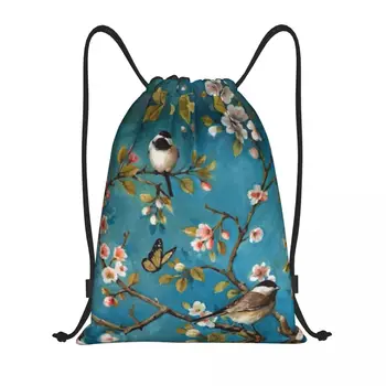 Изготовленные на заказ Милые птички, цветущая вишня, сумка на шнурке, Женский, мужской, легкий рюкзак для хранения в спортивном зале с птицей-попугаем