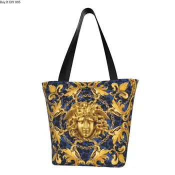 Изготовленные на заказ холщовые сумки для покупок с золотым цветочным рисунком головы Медузы, женские сумки для покупок в стиле барокко