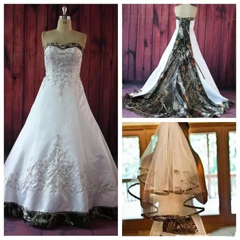 Камуфляжные свадебные платья без бретелек с вышивкой в виде фаты, свадебные платья А-силуэта 