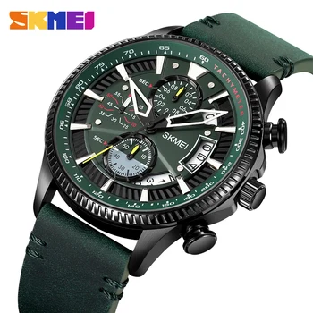 Кварцевые часы SKMEI Модные мужские наручные часы с секундомером даты, кожаным ремешком, роскошные спортивные часы, оригинальный браслет от ведущего бренда