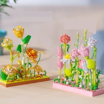 Классный строительный блок Букет Вечный цветок 3D модель Украшение дома Растение Роза в горшке Сборка кирпичей Детские праздничные подарки
