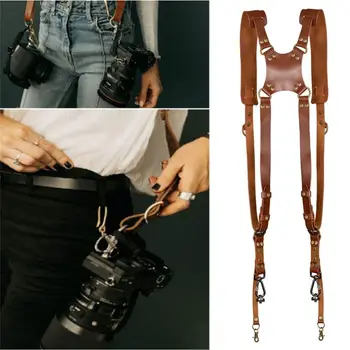 Кожаная сбруя, кожаный ремешок для камеры, регулируемые заклепки, винтажный плечевой ремень для камеры, долговечный двойной плечевой фотограф