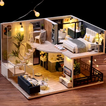 Комплект для кукольного домика 3D Деревянный мини-кукольный домик Сборочное здание с набором мебели Игрушки Детский подарок на День рождения 3D-приспособления ручной работы