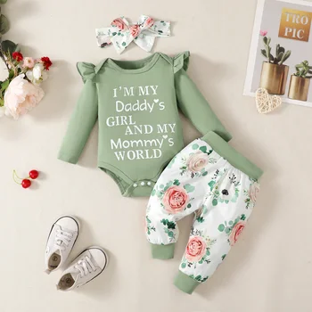 Комплект одежды для новорожденных девочек, комбинезон с длинным рукавом и буквенным принтом + Штаны с цветочным рисунком, осенне-весенняя одежда для малышей