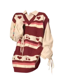 Корейская мода, Осенние Женские Винтажные рубашки с длинным рукавом, блузки оверсайз на шнуровке + Кавайный полосатый свитер, жилет, Эстетика 2000-х