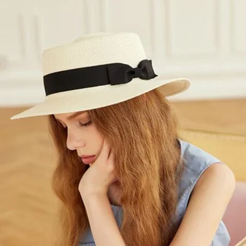 Летние шляпы для женщин, Пляжная женская Модная Панама с плоским верхом и бантом, Женские Элегантные повседневные шляпы от солнца, Соломенная шляпа-ведро