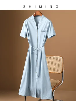 Летом 2023 года Новое высококачественное шелковое платье, женская шелковая рубашка с длинным рукавом и V-образным вырезом, юбка