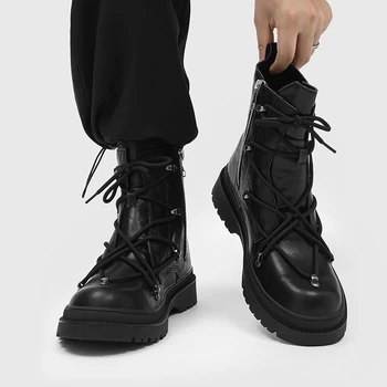 Мужские кожаные ботильоны в стиле панк, мужские мотоциклетные ботинки на шнуровке, повседневная обувь на платформе с боковой молнией, осенне-зимняя уличная одежда