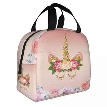 Мультяшный единорог с цветочным принтом, термоизолированная сумка для ланча, женский портативный ланч-бокс для школьной работы, многофункциональные сумки-тоут для продуктов питания