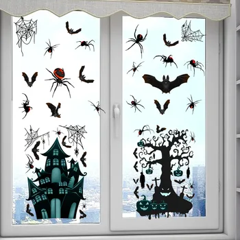 Наклейки на окна на Хэллоуин, Черные летучие мыши, Паук, Дом с привидениями, Тыквы, Призрак, Страшный скелет, наклейки, Стикеры, принадлежности для вечеринки на Хэллоуин