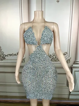 Новое женское Сетчатое платье без рукавов на бретельках с бриллиантами и открытой спиной 2023 года, Элегантное вечернее Сексуальное мини-платье высокого качества