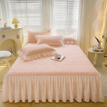 Однотонная стеганая хлопчатобумажная кровать класса А, юбка для кровати 2 в 1, цельное покрывало для кровати, кружево, полная упаковка, противоскользящая ткань four seasons uni
