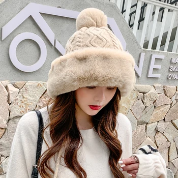 Осенне-зимняя женская вязаная хлопчатобумажная кашемировая шапка-пуловер с тремя шерстяными шариками, милая плюшевая утолщенная шапочка для холодной и теплой погоды