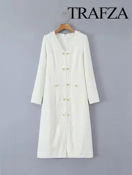Осеннее Женское Белое шерстяное платье Миди TRAFZA, Модное Платье с V-образным вырезом и металлической пуговицей на молнии, Женские платья с длинным рукавом Y2K