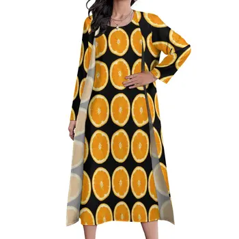 Платье с апельсиновыми дольками, длинный рукав, Фруктовый принт, Корейская мода, Богемные длинные платья, Женское платье Макси Каваи в подарок