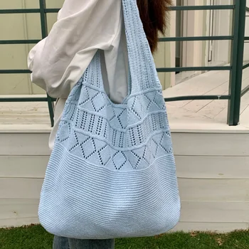 Повседневная женская сумка для покупок из полой ткани, дизайнерские вязаные сумки, сумка-тоут большой емкости, летняя пляжная сумка, боковая сумка для покупок, сумка-тоут