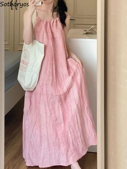 Розовые макси-платья, женские Кавайные девичьи праздничные платья без рукавов, Эстетичный Простой Свободный дизайн, Летний Новый Популярный Корейский стиль