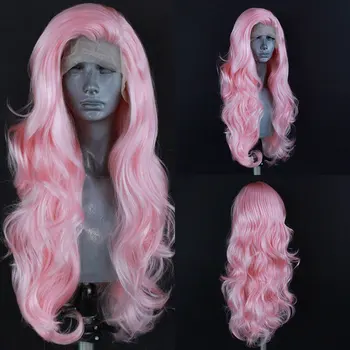 Розовый парик из синтетических волос на кружеве без клея, предварительно выщипанный, объемная волна, высококачественное термостойкое волокно для ежедневного использования женщинами в костюмах для косплея
