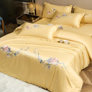 Роскошный комплект постельного белья с вышивкой цветов пиона, Блестящий набор пододеяльников, простыня, наволочки (размер Queen/ King, 4 цвета)